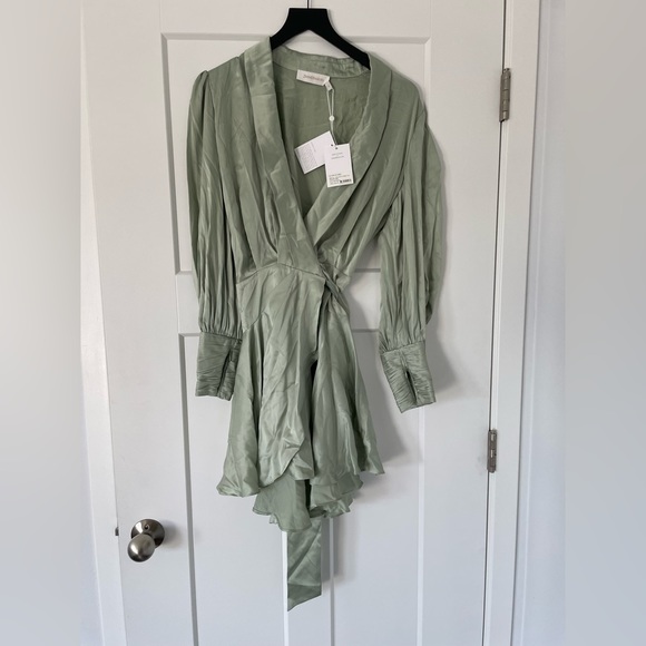 NEW ZIMMERMANN Silk Wrap Mini Dress Light Green - Picture 4 of 7